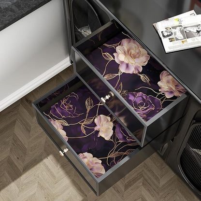 Dark Floral Wallpaper Peel and Stick Purple/Gold Rose Flower Contact Paper Wall Paper Waterproof Self-Adhesive Wall Covering for Bedroom Countertop Desk Cabinets Decor Renter Friendly 17.4" x 118"
