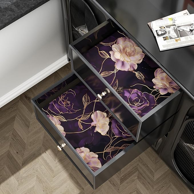 Dark Floral Wallpaper Peel and Stick Purple/Gold Rose Flower Contact Paper 17.4" x 393" Wall Paper Waterproof Self-Adhesive Wall Covering for Bedroom Countertop Desk Cabinets Decor Renter Friendly