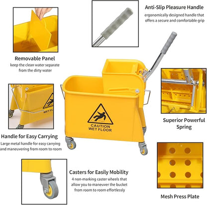 Mop Bucket with Wringer, 22 Qt (5.5 Gallon), Floor Cleaning, Handle, Wheels, 16.5" L x 10.6" W x 26.4" H, Yellow,Plus One Cotton Mop