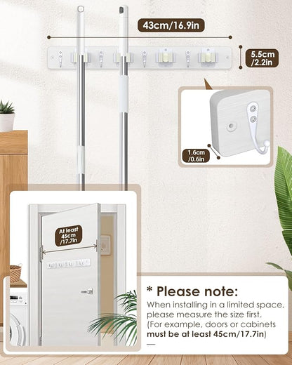 AceMining Broom Holder Wall Mounted, White 4 Holders and 4 Hooks Mop Holder, Wooden Mop and Broom Holder with Anti slip rubber, Natural pine wood Brush Holder, Mop Wall Holde with Nail installation
