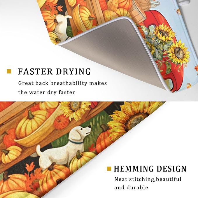 Autumn Pumpkin Red Truck Dish Drying Mat for Kitchen Counter,Fall Leaves Sunflower Cue Dog Harvest Drying Mat 18 x 24 Inch Microfiber Dish Drying Pad Dish Rack Drainer Mat for Coffee Bar