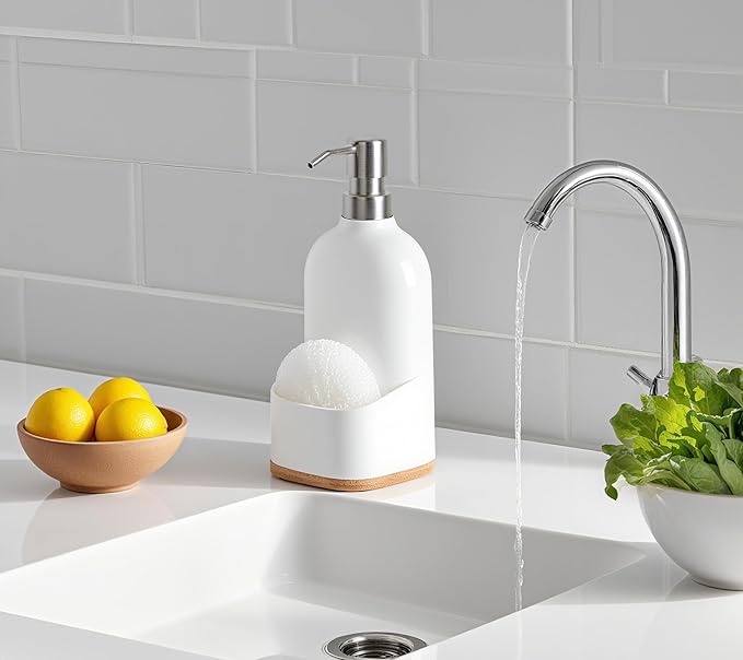 Kitchen Soap Dispenser with Sponge Holder, Refillable Acrylic Dish Soap Dispenser 17oz for Kitchen Sink and Bathroom, Anti Slip, Countertop Home Decor (White)