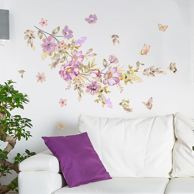 Flower and Butterfly Wall Stickers Purple Flowers with Butterflies Wall Decals Nature Theme Peel and Stick Waterproof Clings for Living Room Bedroom (Purple Flowers)