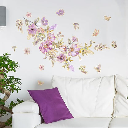 Flower and Butterfly Wall Stickers Purple Flowers with Butterflies Wall Decals Nature Theme Peel and Stick Waterproof Clings for Living Room Bedroom (Purple Flowers)