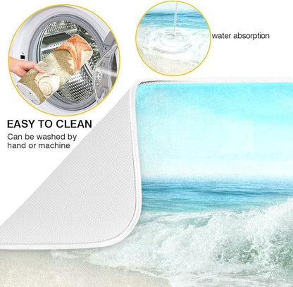 Sweetshow Summer Beach Dish Drying Mat 16 x 18 Inch Sea Wave Shells Starfish Drying Mat with High Absorbent Reversible Microfiber Kitchen Mat Dish Rack Pad Dish Drainer Mat Kitchen Counter Coffee Bar