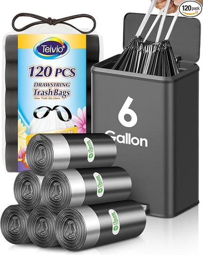 6 Gallon Small 120 Counts Strong Drawstring Trash Bags Garbage Bags by Teivio, Bathroom Trash Can Bin Liners, Plastic Bags for home office kitchen, Black