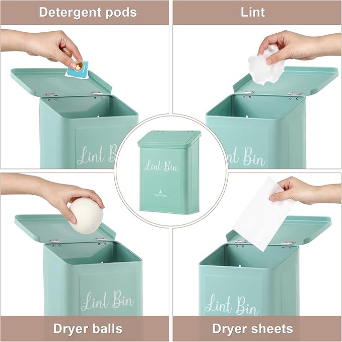 SUBEKYU Metal Magnetic Lint Bin for Laundry Room, Wall Mounted Lint Box Holder with Lid for Dryer, Light Green