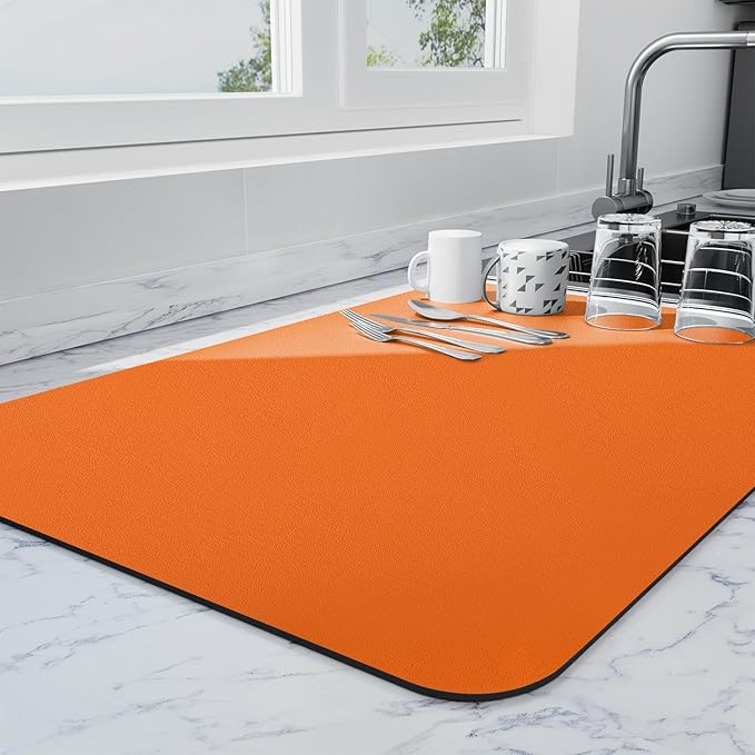Ecotrim - Dish Drying Mat for Kitchen Counter | Coffee Bar Mat for Countertops | Heat Resistant Drainer Mat with Non-slip Rubber Backed | Hide Stain Kitchen Absorbent Draining Mat | Orange 16"x20"