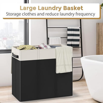 180L Laundry Hamper 3 Section, Large Laundry Basket with Lid, Laundry Basket Organizer with Handles, Divided Clothes Hampers for Laundry, Bedroom, Bathroom, White & Black