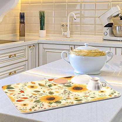 Watercolor Sunflowers Autumn Leaves Dish Drying Mat for Kitchen Counter Absorbent Microfiber Drying Pad, Medium 16x18 in