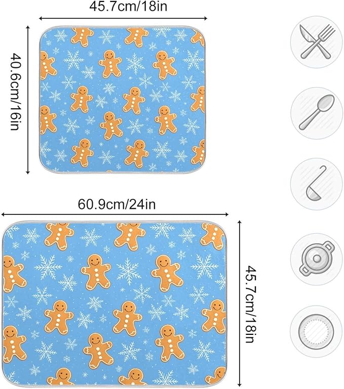 Snowflake Gingerbread Cookie Man Blue Dish Drying Mat for Kitchen Counter Absorbent Microfiber Drying Pad, Medium 16x18 in