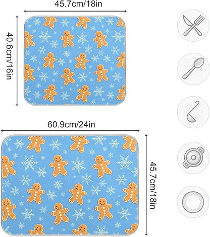 Snowflake Gingerbread Cookie Man Blue Dish Drying Mat for Kitchen Counter Absorbent Microfiber Drying Pad, Medium 16x18 in