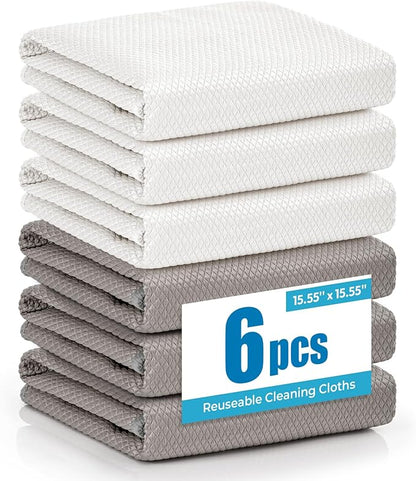 Microfiber Glass Cleaning Cloth 6 Pack, 15.5x15.5 Inch Magic Cleaning Rags, Lint Free Streak Free Reusable Towels for Windows, Mirrors, Cars, Screens, Kitchen and Stainless Steel Surface