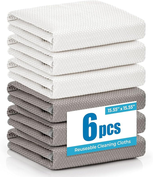 Microfiber Glass Cleaning Cloth 6 Pack, 15.5x15.5 Inch Magic Cleaning Rags, Lint Free Streak Free Reusable Towels for Windows, Mirrors, Cars, Screens, Kitchen and Stainless Steel Surface