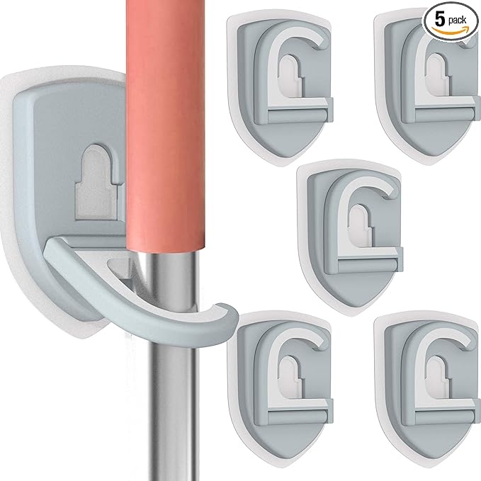Broom Holder Wall Mount Self Adhesive, Broom and Mop Organizer Wall Hanging, No Drilling Anti-Slip Broom Hook Over Door for Home, Kitchen, Garden, Garage Storage (5-Pack, Stone Blue)