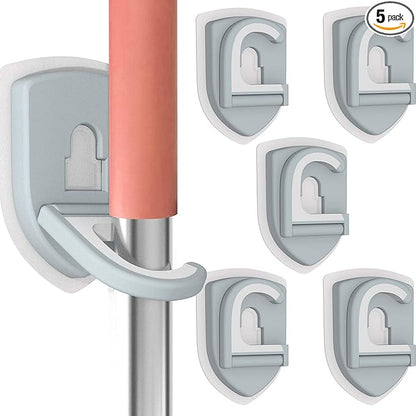 Broom Holder Wall Mount Self Adhesive, Broom and Mop Organizer Wall Hanging, No Drilling Anti-Slip Broom Hook Over Door for Home, Kitchen, Garden, Garage Storage (5-Pack, Stone Blue)