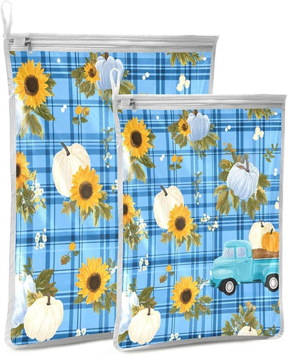 Mesh Laundry Bags Lingerie Bags for Washing Delicates 2 PCS Durable Wash Bag with Zipper Small and Medium Washable Blue Plaid Sunflower Pumpkin