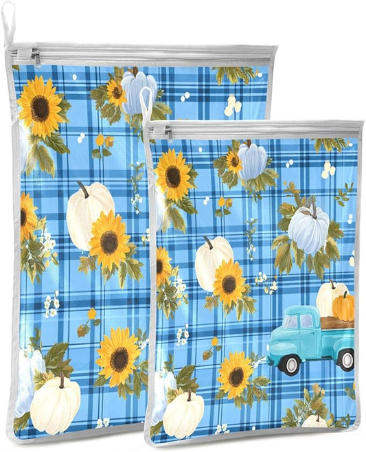 Mesh Laundry Bags Lingerie Bags for Washing Delicates 2 PCS Durable Wash Bag with Zipper Small and Medium Washable Blue Plaid Sunflower Pumpkin