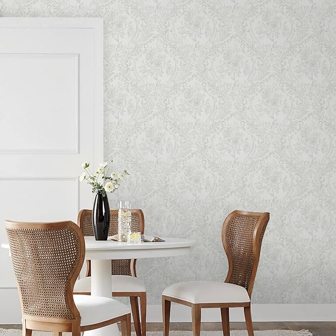 Ismoon Peel and Stick Wallpaper Vintage Floral Contact Paper Boho White and Grey Watercolor Damask Wallpaper Textured Removable Self Adhesive Vinyl Wall Paper for Bedroom, 17.3 in X 6.5 ft