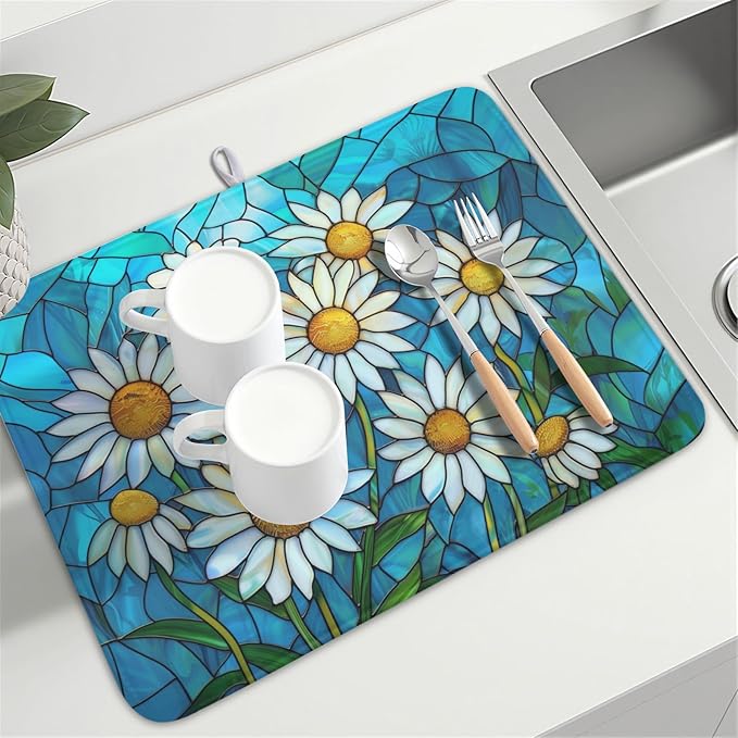 Daisy Drying Mat 24x18 Inch, Summer Spring Drying Mat with Absorbent Reversible Microfiber, Rustic Flowers Dish Drainer Mats Floral Rack Pad for Coffee Countertop Kitchen Protector