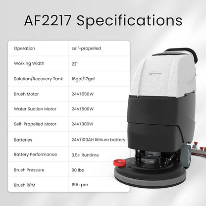 AF2217 Self-Propelled Auto Floor Scrubber with Traction Drive, 22" Path, 17-Gal Tank, Up to 38,000 ft²/h, Lithium Battery for Warehouses, Schools, Hospitals, Airports