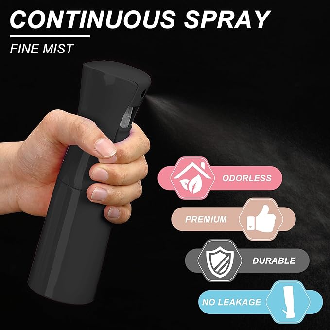 (Black Hair Mister Spray Bottle，Spray Water Bottle Fine Mist Refillable Plants（6.8OZ /200ML） Barber，Showering Pets, Plants, travel, Ironing and Cleaning ﻿ ﻿ ﻿(Continuous Spray)