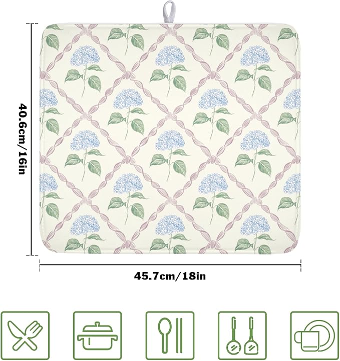 Hydrangea Floral Dish Drying Mat for Kitchen Counter Watercolor Blue and Pink Flower Drying Mat 16x18 Inch Rustic Elegant Absorbent Dish Drainer Mat Kitchen Accessories
