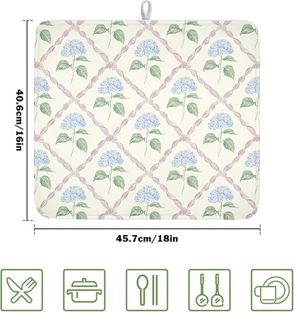 Hydrangea Floral Dish Drying Mat for Kitchen Counter Watercolor Blue and Pink Flower Drying Mat 16x18 Inch Rustic Elegant Absorbent Dish Drainer Mat Kitchen Accessories