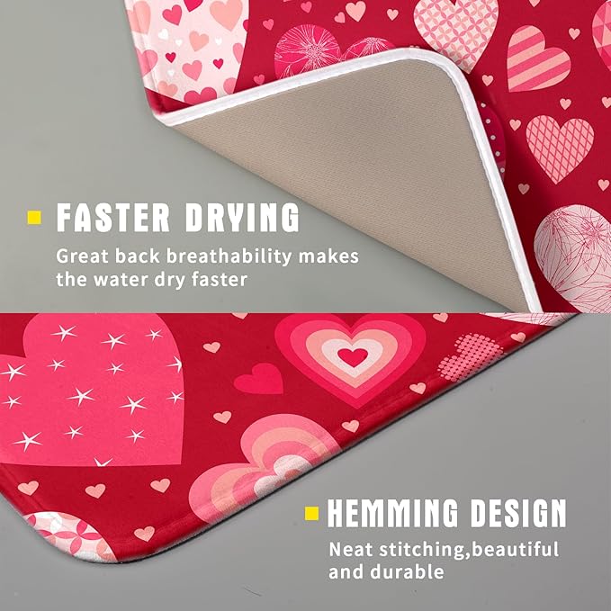 Valentine Day Love Heart Dish Drying Pad 16 x 18 Inch with Absorbent Reversible Microfiber Happy Valentines Pink Red Hearts Drying Mats For Kitchen Counter Dining Room Decoration