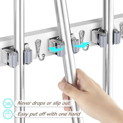 OUTNILI 2 Pack White Mop Broom Holder Wall Mount with 3 Slots & 4 Hooks - Rustic Wood Broom Mop Hanger for Pantry Kitchen Organization - Garden Tool Organizer for Closet Laundry Room