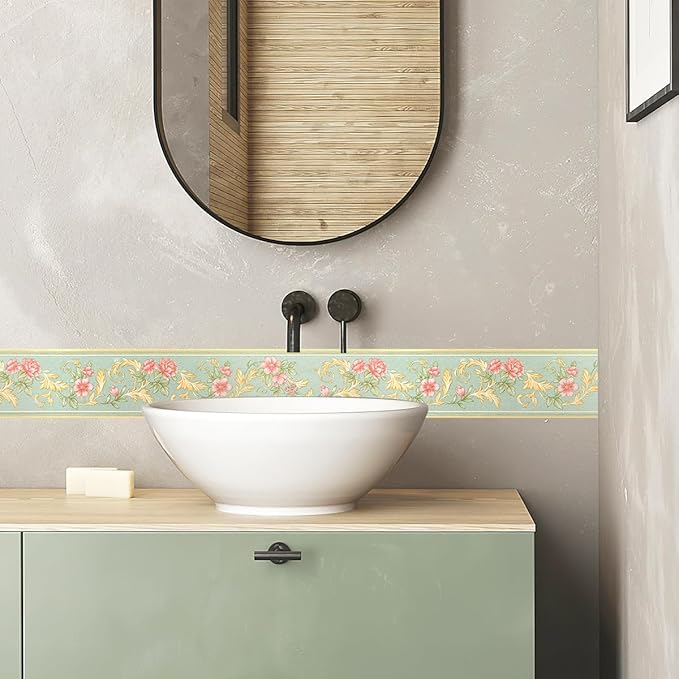 AbaBoorty 394"X4.1" Green Floral Wallpaper Border Decor Peel and Stick Wall Border Waterproof Tiles Sticker Wallpaper Self Adhesive Removable Wall Stickers for Bedroom Living Room Decor