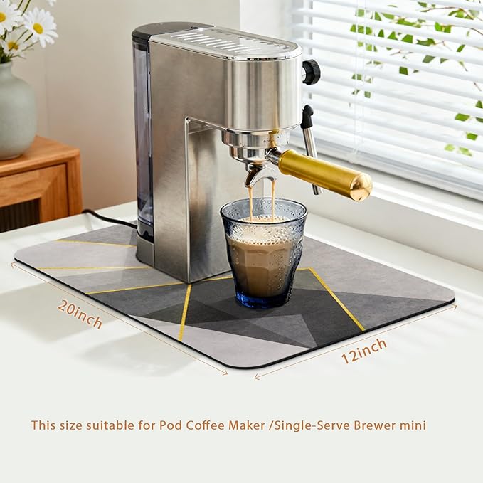 Coffee Mat 20x12 Inch, Gray Geometric Coffee Splash Mat, Absorbent Hide Stain Rubber Backed Dish Drying Mat for Kitchen Counter, Mat for Countertops, Under Coffee Bar Maker Machine Pot Espresso Staion