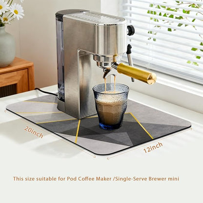 Coffee Mat 20x12 Inch, Gray Geometric Coffee Splash Mat, Absorbent Hide Stain Rubber Backed Dish Drying Mat for Kitchen Counter, Mat for Countertops, Under Coffee Bar Maker Machine Pot Espresso Staion