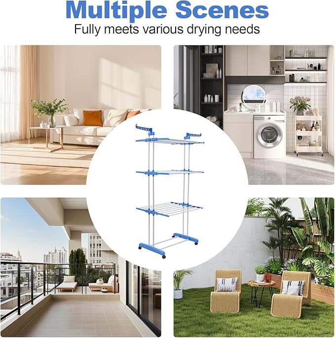 Foldable Clothes Drying Rack, 4 Tier Metal Clothes Rail with Wheels 7 Windproof Hooks Clothes Horses Rack Laundry Garment Dryer Stand with 2 Side Wings Indoor, Outdoor, Bedroom, Loft (Blue)