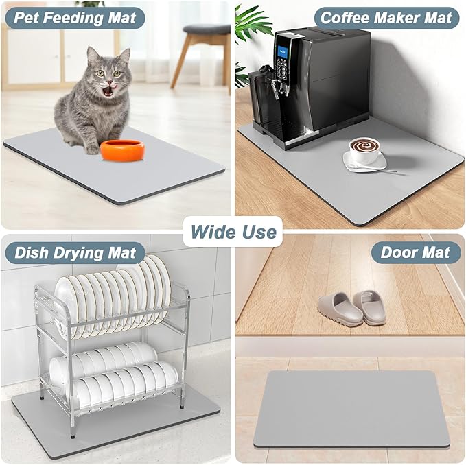 Rnivvi Coffee Mat, 12" x 19" Coffee Bar Mats for Espresso Machine Station Accessories and Organizer, Hide Stain Rubber Backed Absorbent Dish Drying Pad for Kitchen Counter, Cute Bar Decor Pad, Gray
