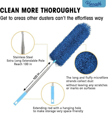 Microfiber Feather Duster with Extendable Pole, 100 inches Extra Long Cobweb Duster for Cleaning, Bendable Head, Non-Scratch, Washable Duster for Ceiling, Fan, Furniture Blue