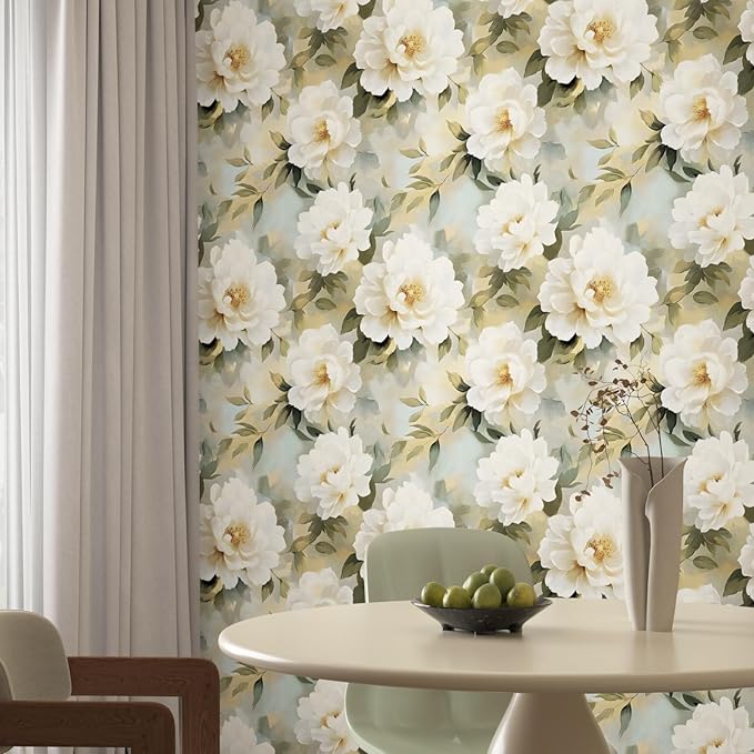 White Floral Wallpaper Peel and Stick,Oil Painting Beige Peony Contact Paper 17.5" x 393",Modern Watercolor Flower Wall Paper Self Adhesive Waterproof Removable for Girl Bedroom Shelve Cabinet Drawer