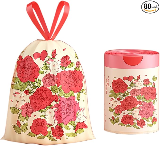 Rose Aroma Thickened Trash Bags, 80 Counts 4 Gallon 45x50Cm Kitchen Small No Tearing Required Bags with Drawstring for Bathroom, Office, Home Garbage Bags (Rose)