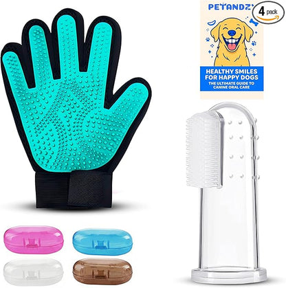Dog Toothbrush Kit + Pet Hair Removal Glove – 4 Silicone Finger Toothbrushes with Travel Cases – Pet Dental Care & Teeth Cleaning, Plaque & Tartar Control – Dog Grooming Gloves – Free QR eBook
