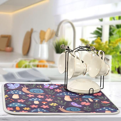Mushroom with Snails Dish Drying Mat Absorbent Kitchen Pads for Counter Kitchen Dish Dryer 18 x 24 Mat under Dish Drainer