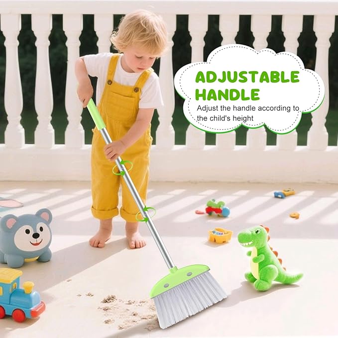 Mini Broom with Dustpan for Kids, 28-in Handle Kids Broom and Dustpan Set for Toddlers Cat-Shaped Children Broom and Cleaning Set Boys Girls Small Housekeeping Helper Set, Green