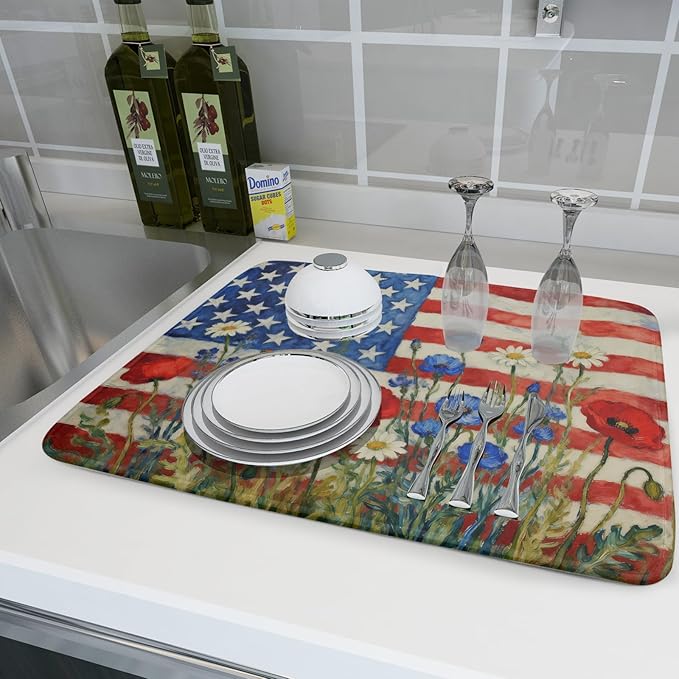 Patriotic American Flag Dish Drying Mat for Kitchen Counter 18x24 4th of July Red Blue White Floral Rustic Absorbent Reversible Microfiber Drying Mats Kitchen Countertop Protector Dishes Drainer Pad