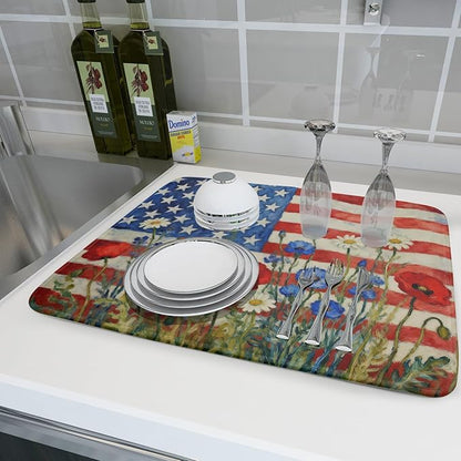 Patriotic American Flag Dish Drying Mat for Kitchen Counter 18x24 4th of July Red Blue White Floral Rustic Absorbent Reversible Microfiber Drying Mats Kitchen Countertop Protector Dishes Drainer Pad