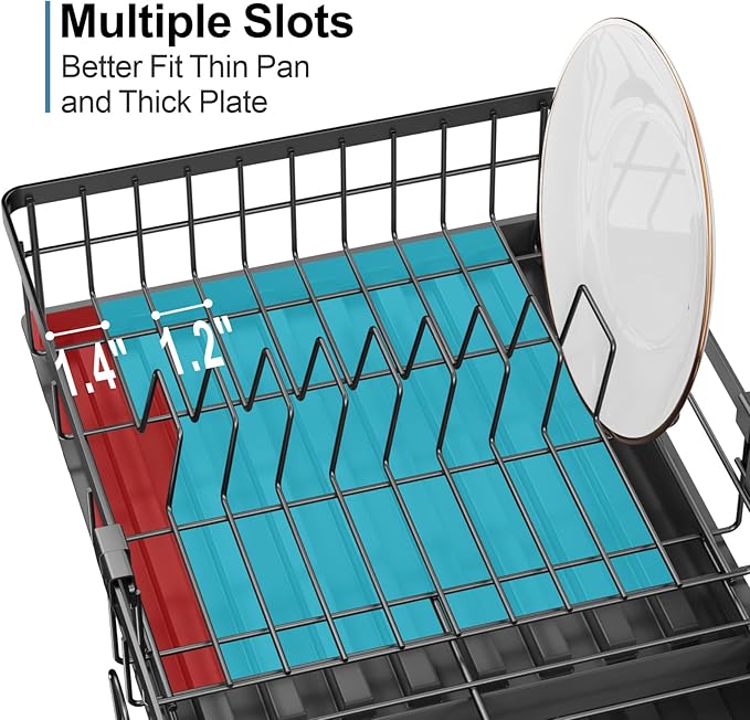 GSlife Expandable Dish Drying Rack with Drainboard, Compact Rustproof Dish Rack for Kitchen Counter, Ultra-Sturdy Space Saver with Cup Holder for Small Apartment,12.2" W x 12"-20.5" L, Black