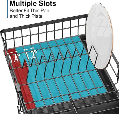 GSlife Expandable Dish Drying Rack with Drainboard, Compact Rustproof Dish Rack for Kitchen Counter, Ultra-Sturdy Space Saver with Cup Holder for Small Apartment,12.2" W x 12"-20.5" L, Black