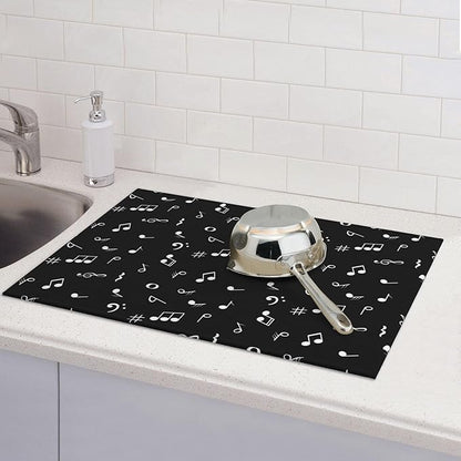 Music Notes Dish Drying Mat for Kitchen Counter Musicial Dish Drainer Rack Mats 16x18 Inches Absorbent Reversible Black Drying Pad