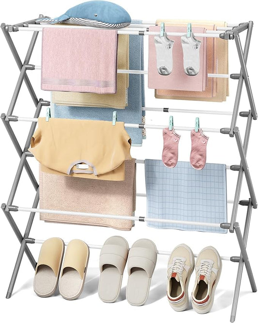 KINGBOARD Clothes Drying Rack, Collapsible Drying Rack Clothing with 11 Poles, 3-Tier Laundry Drying Rack, Small Clothes Drying Rack Foldable for Baby Clothes, 25lb Capacity, Grey