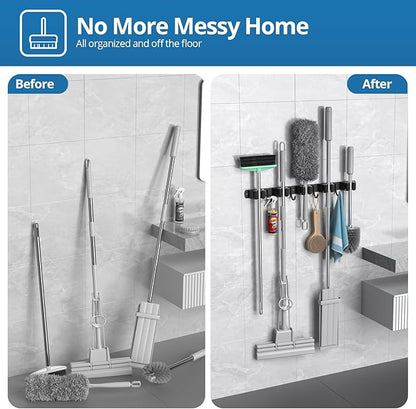 2 Pack Mop and Broom Holder Wall Mount, 5 Racks and 4 Hooks Broom Organizer Storage Garage Tool Racks Wall Mounted Mop Hanger for Home Kitchen Garden Laundry (Black)