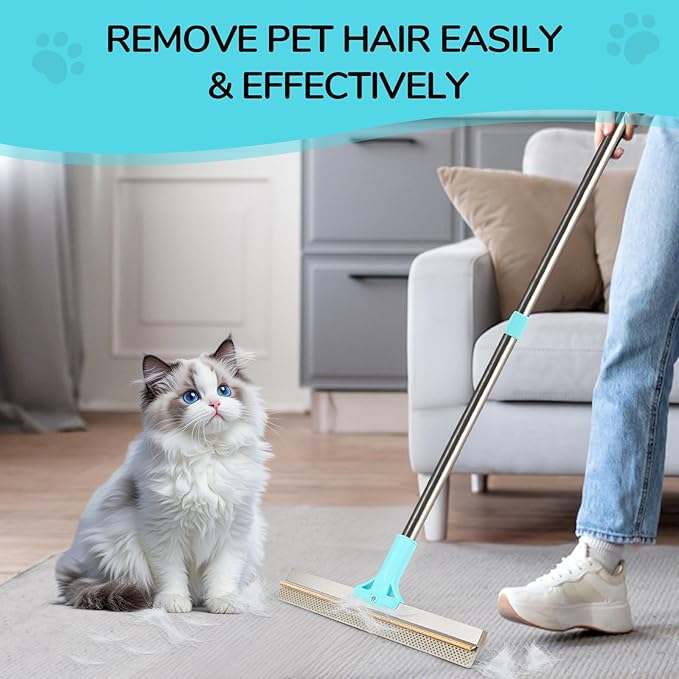 Carpet Rake for Pet Hair Removal, 2 in 1 TPU and Copper Rake Teeth, Adjustable Long Handle, Double-Sided Reusable Dog Cat Fur Remover with Hair Removal Glove, Pet Fur Rake for Rugs, Mats