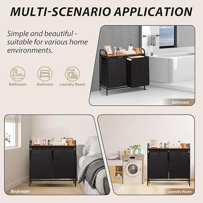 2 Section Laundry Hamper with Shelf, Laundry Basket Organizer with 2 Pull-Out Removable Bags 2×13.2Gal(49.9L), Laundry Sorter for Clothes Organization in Bedroom, Laundry Room, Brown